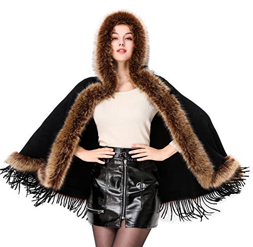 Faux Fur Shawl Hooded Cape Wrap Stole Shrug Bridal Winter Wedding with Hook Black