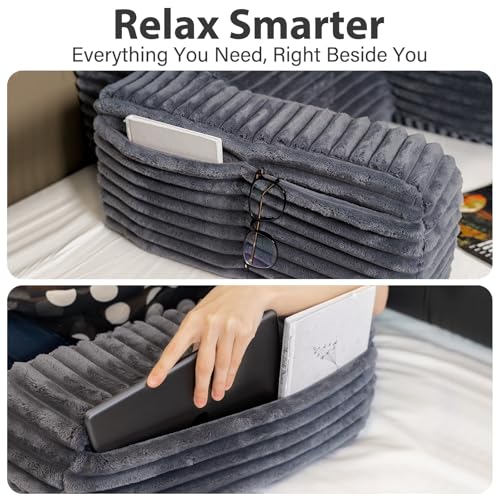 ENITYA 22" XL Back Pillow for Bed Sitting Up, Reading Pillow with Armrests & Big Pockets, Soft Back Support Chair, Ideal for Watching TV, Gaming, Nursing, Resting, Post Surgery, Dark Grey