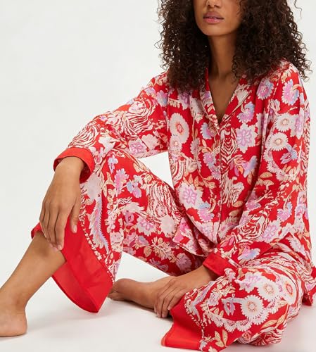 Image of Women Satin Pajama Set Floral Silk Pajamas 2 Piece Lounge Sets Button Down Shirts Wide Leg Pants Pjs Sleepwear