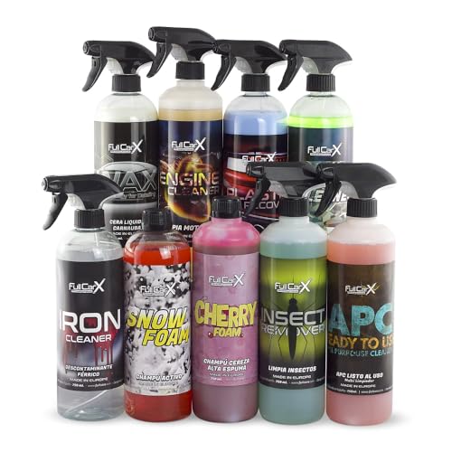 FULLCARX Kit Exterior Avanzado Limpieza Coche, Limpia Llantas, Champú Espuma Alcalino y PH Neutro, Cera Líquida Carnauba, Renovador Plásticos Motor, Limpiacristales APC Productos Detailing Profesional