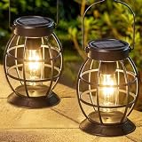 LeiDrail Solar Lanterns Outdoor 2 Pack, Hanging Waterproof Metal Lantern Dual LED Warm White, Auto On/Off Garden Patio Yard Porch Pathway Table Decor, Solar Powered Gift for Women