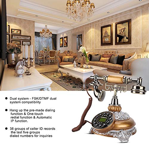 Bindpo Antique Landline with Caller ID,IDS-8675D Resin & Metal Old Fashioned Retro Corded Phones Support FSK/DTMF Dual System for Home Hotel Office Decor