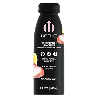 UPTIME Energy White Peach Lemonade - Cane Sugar (12 Pack), Premium Energy Drink, 12oz Cans, Natural Caffeine, Sparkling, Natural Flavors