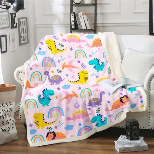 Image of Feelyou Girls Pink Dinosaur Toddler Sherpa Blanket Purple Green Dinosaurs Fleece Throw Blanket Cute Cartoon Dino Rainbow Fuzzy Blanket for Sofa Bed Couch Kids Room Decor,Baby 30x40 Inches