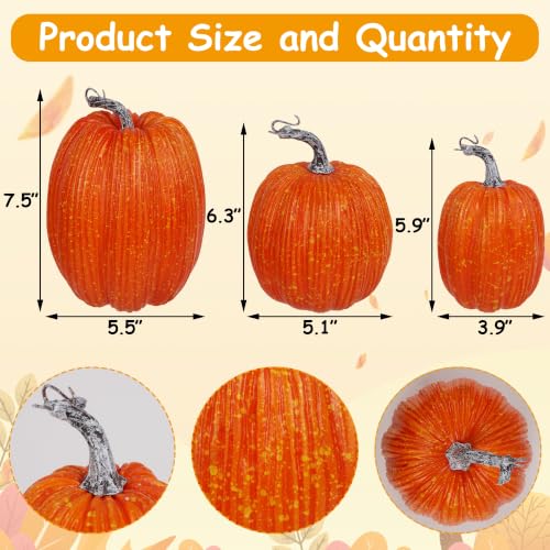 Image of winemana Artificial Pumpkins Fall Decor Orange Foam Pumpkin, 3 Pack | Assorted Sizes for Thanksgiving Table Centerpiece, Indoor Home Mantel Porch Autumn Harvest Decorations