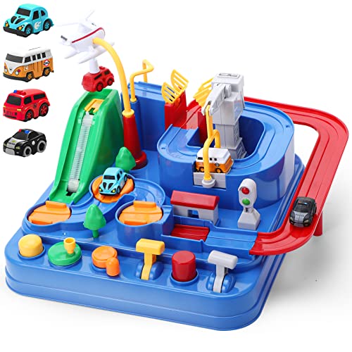 Pista de Coches para Niños, Cars Race Track Toys 4 vehículos de juguete, Preescolar educativo y juguete interactivo para niños de carreras entre padres e hijos, para niños pequeños 3 4 5 6 Niños Niñas