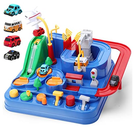 Pista de Coches para Niños, Cars Race Track Toys 4 vehículos de juguete, Preescolar educativo y juguete interactivo para niños de carreras entre padres e hijos, para niños pequeños 3 4 5 6 Niños Niñas