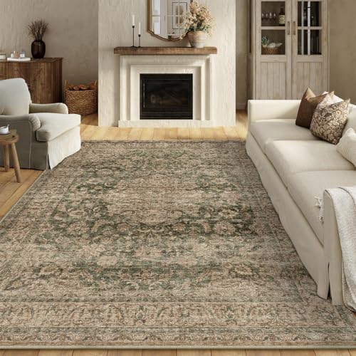 8x10 Washable Green Vintage Area Rug for Living Room Bedroom Large Traditional Low Pile Soft Carpet Non-Slip Thin Retro Distressed Accent Throw Rug for Dining Room Office Kitchen Indoor