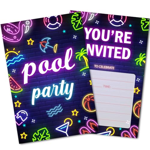 Uniizone 30 Set Pool Birthday Invitations with Envelopes Summer Theme Party Neon Invitation for Girls Boys Kids Swimming Party Invite Cards Supplies Decorations