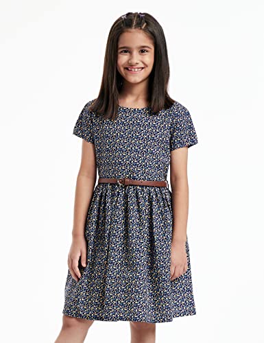 Image of Amazon Brand - Jam & Honey Girl's 100% Soft & Pure Cotton Comfortable and Stylish Printed Woven Dress with Short Sleeves and Belt - Perfect for Every Occasion