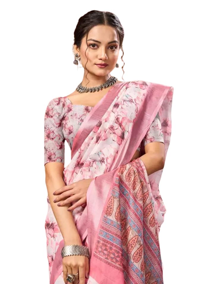 C J Enterprise Women’s Pure Soft Cotton Saree Linen For Silk Sarees Latest Party Design Wear Kalamkari Wedding Sadi With Blouse Piece Sari South Mulmul ikkat Mul Print 2025 New (Yatri White Pink)
