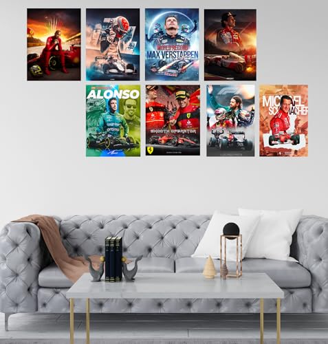 Image of F1 Posters for Wall Set of 8 A4 Size 300 GSM - Formula One Merchandise Stickers Poster Wallpaper for Wall Gifts - Merch Gift Ideas - Car Poster gifts for boys