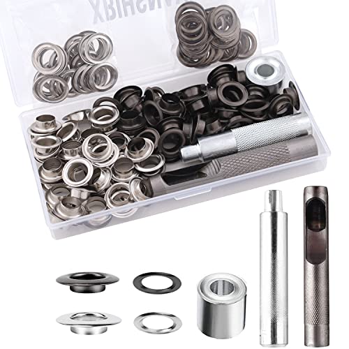 Grommet Tool Kit, 2/5 Inch Grommets Eyelets Sets, 110 Set Eyelets Kit With 3 Pcs Installation Tools And 1 Pcs Storage Box, Stainless Steel Grommets For Fabric, Tarps, Clothing (Black And Silver) #TOP15