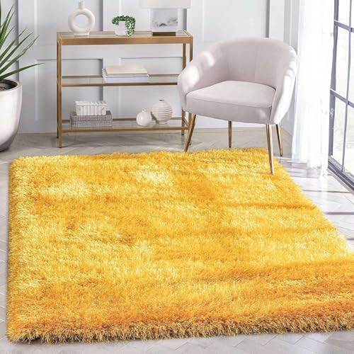 Image of Premium Microfiber Soft Yellow Shag Rug 8x10 Feet Featuring Dense Fluffy Texture, Anti Skid Support and Durable Handmade Quality for Living Room, Bedroom and Hallway