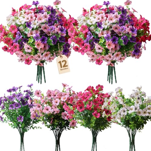 YXYQR 12 Bundles Artificial Flowers Outdoor Indoor UV Resistant Fake Wildflowers Faux Plastic Plants Greenery Floral Arrangement for Garden Pot Porch Window Box Decor (Multicoloured)
