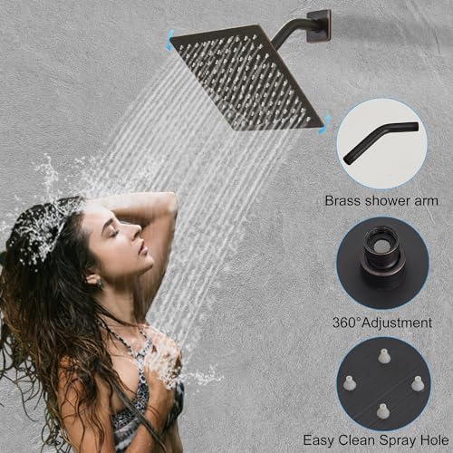 Image of Oil Rubbed Bronze Shower System, 8 Inch High Pressure Rain Shower with Handheld, Wall Mount Shower Faucet Set for Bathroom, Rough-in Valve Body and Trim Included