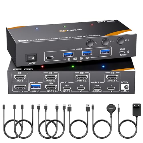 YOUTINGHDAV KVM Switch 3 PC 2 Monitore USB-C, USB 3.0 KVM Switch Dual Monitor HDMI f&uuml;r 2 Laptops 1 Desktop Teilen 4 USB-3.0-Ger&auml;te Tastatur Maus, 85-W-PD, 4K@60Hz, Netzteil und Kabelfernbedienung