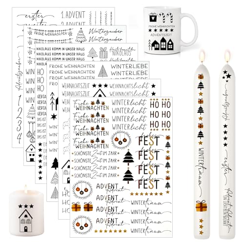 6 PCS Kerzentattoos Weihnachten, Wasserschiebefolie Kerzen Aufkleber Weihnachten, Kerzen Tattoo Advent, DIY Kerzensticker, Kerzen Folie Weihnachten für Kerzen Keramik