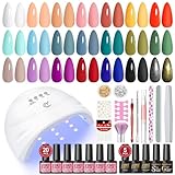 PEACECOLOR 38pz Kit Semipermanente Unghie con Lampada,20 Colori Kit Smalto Semipermanente con Base e Top Coat Argente Oro Glitter Kit Unghie Gel Completo per Principianti