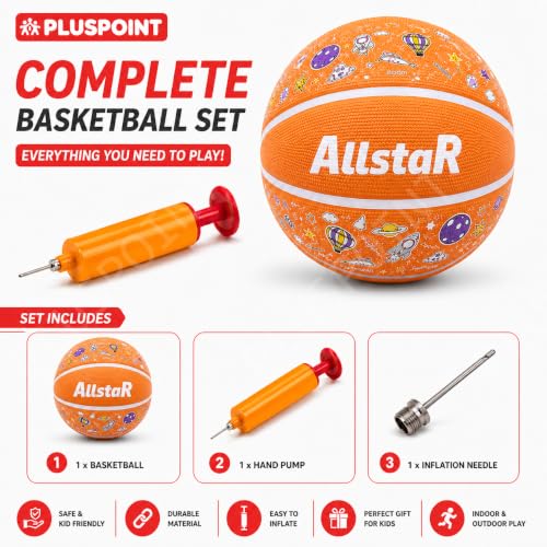 Image of PLUSPOINT Kids Basketball with Air Pump | Colorful Printed Rubber Basketball for Indoor & Outdoor Play | Training Sports Ball for Kids | Easy Grip Basketball for Boys and Girls