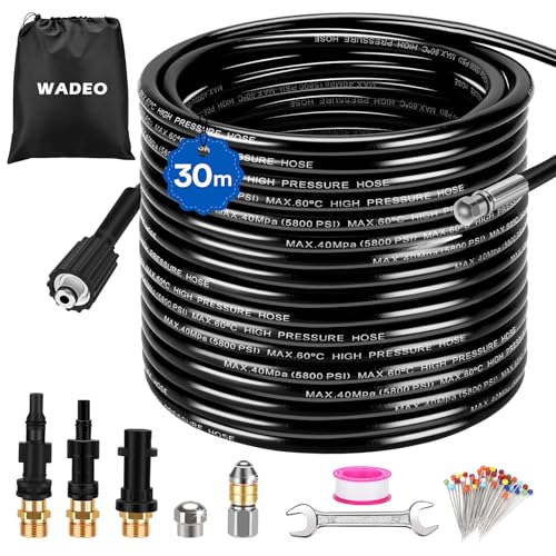 30M Manguera de limpieza de tuberías para limpiadoras de alta presión, WADEO 400 bar juego de limpieza de tuberías adecuado para Kärcher (K2-K7), Lavor y Bosch - con adaptador y boquillas