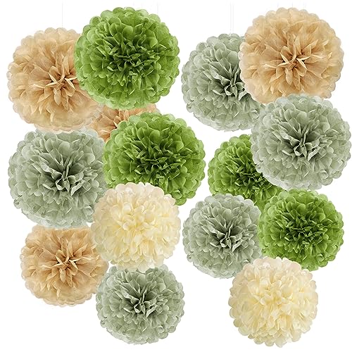 Image of Olive Sage Green Tissue Paper Pom Poms Safari Jungle Party Decorations Paper Flowers Decorations Natural Green Boho Hanging Decor for Birthday Baby Shower Bridal Wedding Party Supplies
