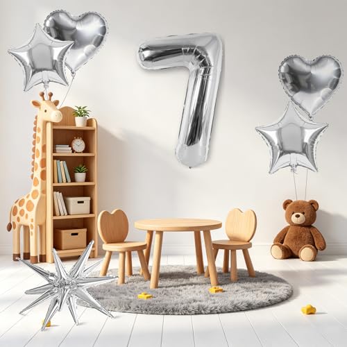 Image of TONIFUL 7th Birthday Balloons Kit 40Inch Silver Large Number 7 Foil Balloon | with 18Inch Helium Mylar Heart Star Balloons for Kids Women Men Birthday Anniversary Graduation New Year Eve Party Decoration