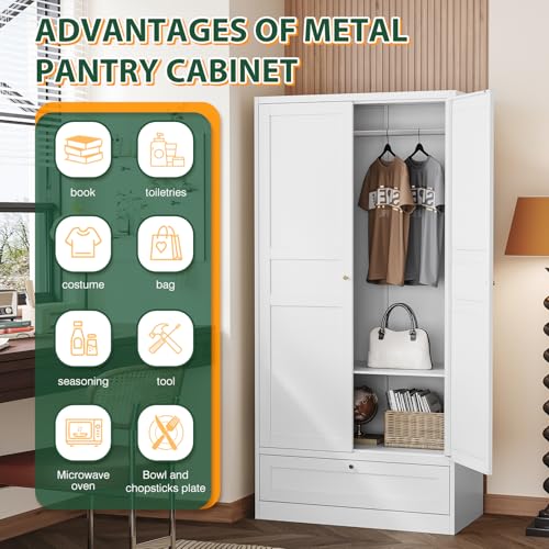 Image of Letaya Metal Wardrobe Cabinets,18 inch Deep Clothing Storage Cabinet with Doors and Shelves,for Home Room,Fire Department, School, Employee,Gym,Government (White)
