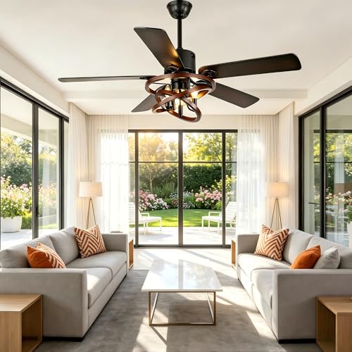 Image of 52 inch Farmhouse Ceiling Fan with Lights and Remote Rustic Fandelier | DIY Shape Caged Chandelier Light, for Bedroom Living Room Indoor, 3 E12 Bulbs (Not Included), Reversible Quiet DC Motor