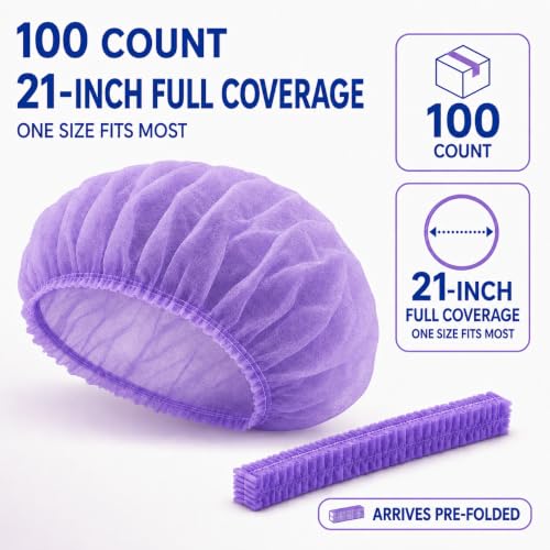 Image of Disposable Bouffant Caps, 21inches Hair Net, Elastic Dust Cap for Food Service, Kitchen Head Cover (Purple)