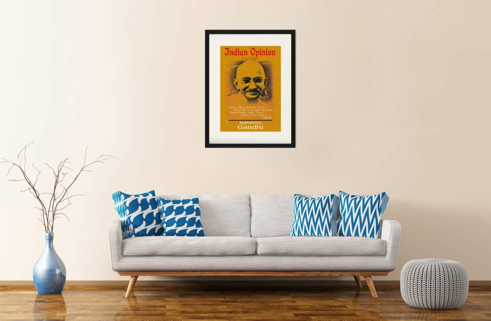 1art1 Mahatma Gandhi plakat Indian Opinion, First They Ignore You, żółty oprawiony obraz z Passepartout | obrazy ścienne | w ramce 80x60 cm