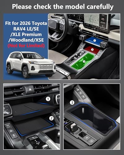 Image of 3PCS for 2026 Toyota RAV4 Interior Accessories, Console Organizer Mat, Cup Holder Insert & Wireless Charging Pad Silicone Liner, Anti-Slip Protection (Not for Limited)