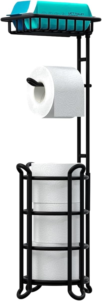 TreeLen Toilet Paper Holder Stand Tissue Paper Roll Dispenser with Shelf for Bathroom Storage Holds Reserve Mega Rolls-Matte Black