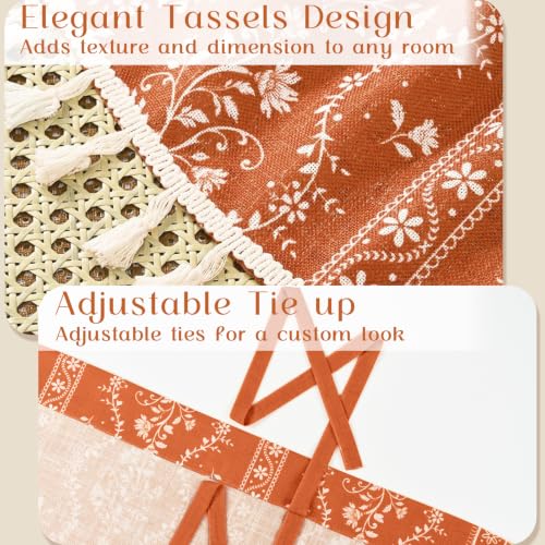 Image of Yinhua Boho Tie Up Curtains for Windows Vintage Linen Valance Light Filtering Floral Valance Rod Pocket Rustic Adjustable Tassel Window Valances for Bathroom, 42 inch W X 45 inch L, Orange