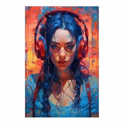 Poster abstrait musique femme au casque rouge moderne 70x100cm pour salon