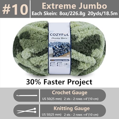 Image of Cozyful Chunky Yarn for Hand Knitting - #10 Chunky Chenille Blanket Yarn, Jumbo Big Thick Chunky Yarns for Crocheting, Tie Dye Bulky Knit Yarns, 8 Skein (20 yds 8 oz Each Skein), Multi Green