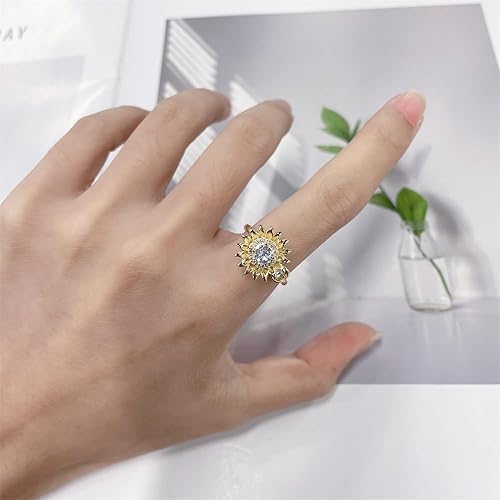 Miniatura 5 de NewZenro Anillo giratorio giratorio chapado en oro con circonita cúbica para mujer, delicado alivio de ansiedad, estrés, cristal, sol, floral