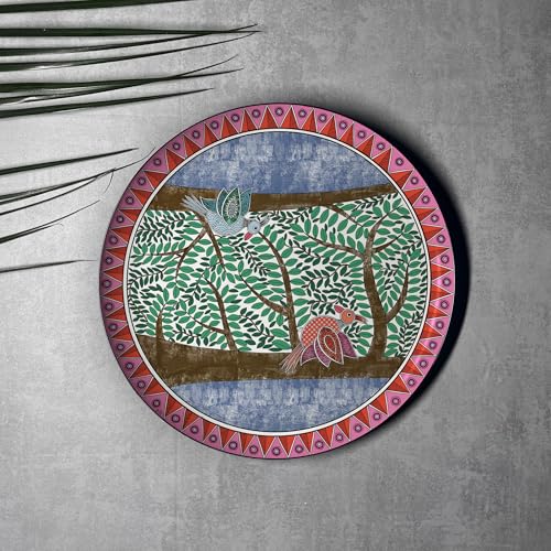 Image of Modern Folk Madhubani Wall Plates - Set of 5 Handcrafted Metal Wall Decor Inspired by Indian Folk Art | Decorative Wall Plates for Living Room, Bedroom & Office
