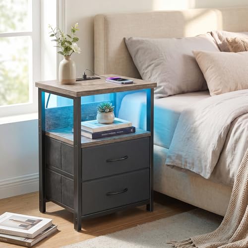 Image of Fixwal Night Stand with Charging Station, LED Nightstand with U-S-B Ports and Outlets, 2 Fabric Storage Drawers with PU Finish, Bed Side Table, French Oak