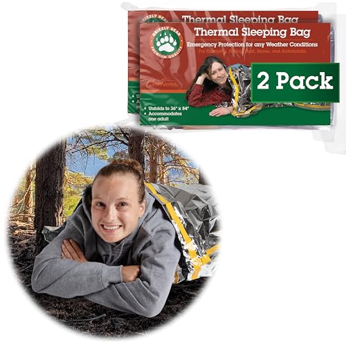 Grizzly Gear Emergency Thermal Sleeping Bags (2 Pack) Weatherproof Mylar Disaster Survival Bivouac | 7 ft x 3 ft | Compact Lightweight Shelter Signal Reflective Utility | Premium Prepper