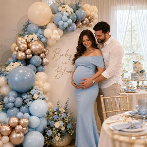 Image of HILAVO Dusty Blue and Gold Balloons, 60 PCS 12 Inch Slate Fog Pastel Baby Blue Sand White and Gold Balloons for Baby Boy Shower Bridal Shower Birthday Wedding Party Decorations