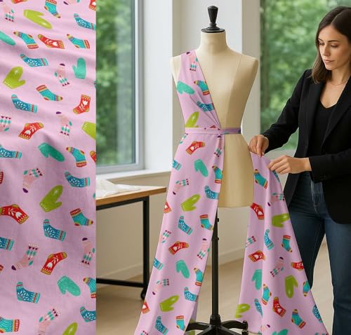 Image of Soimoi Pink Cotton Voile Fabric Socks & Gloves Folk Art Printed Fabric 1 Meter 42 Inch Wide
