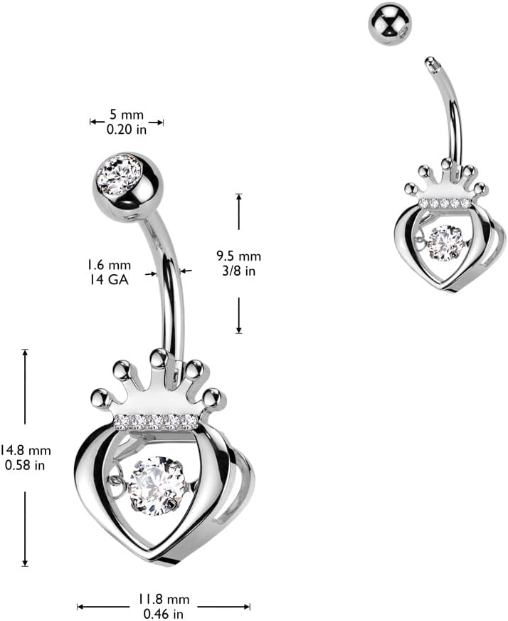 Pierced Owl 14GA 316L Stainless Steel CZ Crystal Hollow Heart with Crown Belly Button Ring - Image 2