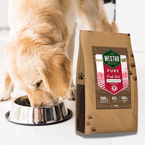 WESTHO Trockenfutter Pure Rind & Kartoffel 12 kg | 63% Rind in Lebensmittelqualität | Getreidefrei | Bei Unverträglichkeiten & Allergien | Hundefutter für ausgewachsene Hunde jeglicher Rasse