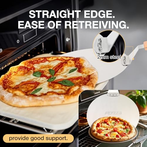 FLYZZA 12 Inch Stainless Pizza Peel, Pizza Spatula with Ergonomic Long Wood Handle for Pizza Oven Baking, Turing Peel for Pizza, Dough, Bread Pastry