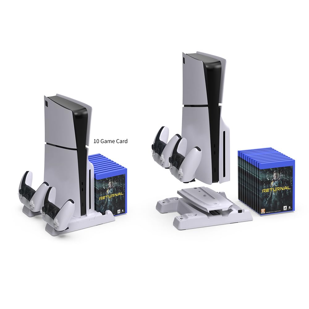Supporto con stazione di raffreddamento e stazione di ricarica a due controller console per PS5 Slim, supporto di raffreddamento con maniglia e docking station con portadisco
