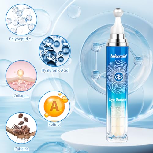 Soro para os olhos 5% de cafeína com cobertura rollerball de massagem de 360°, creme para olhos com