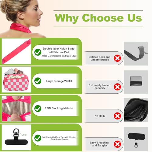 Image of YFWE Clip and Go Strap for Phone with Wallet Crossbody, Adjustable Phone Lanyard with Detachable RFID Wristlet Wallet, Phone Strap with Phone Tabs for All Phones, Pink Checkered (L)
