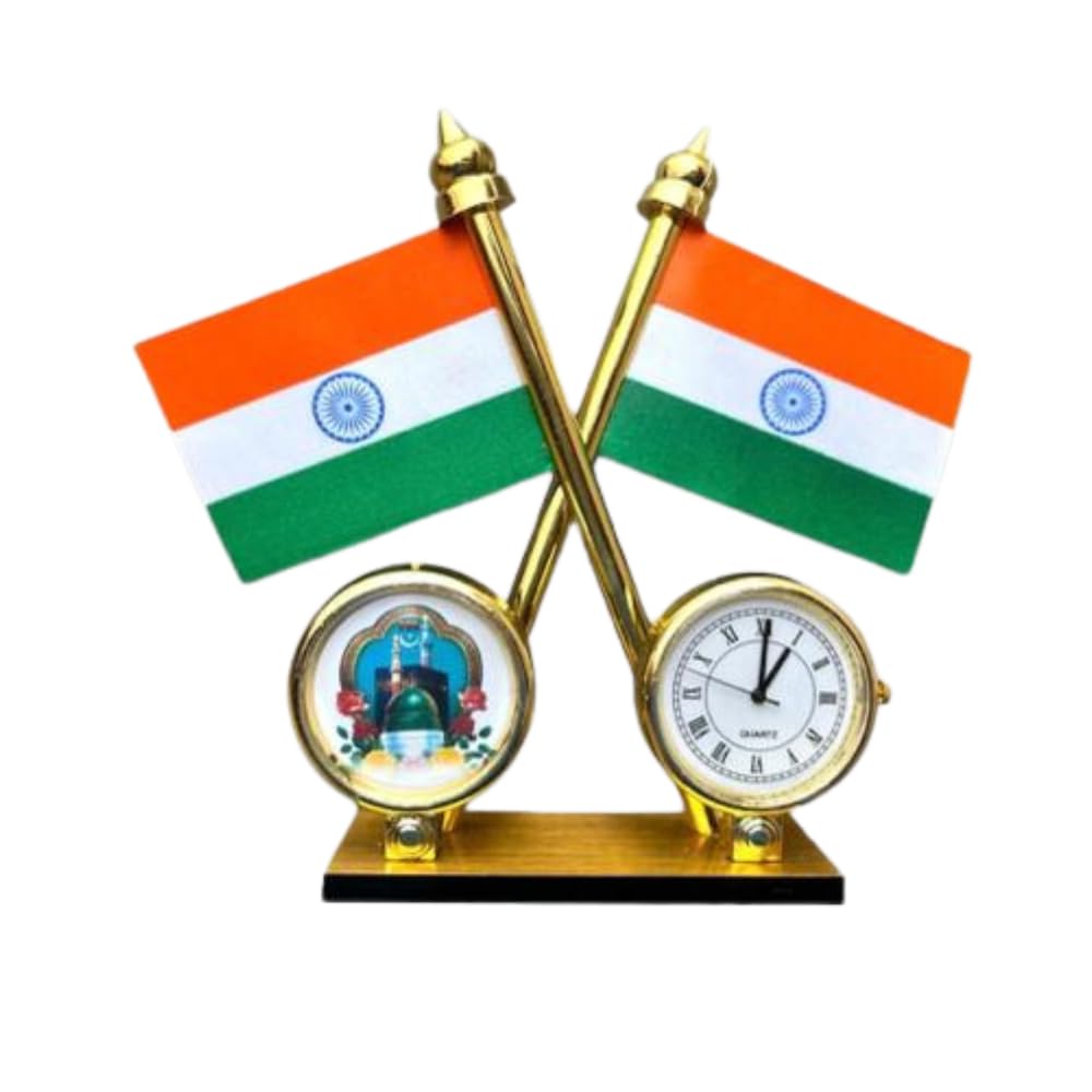 WOLCH Makka Madina & Indian Flag with Quartz Watch Frame for Car Dashboard & Home, Official Table(IND_FLG-14)-image-7