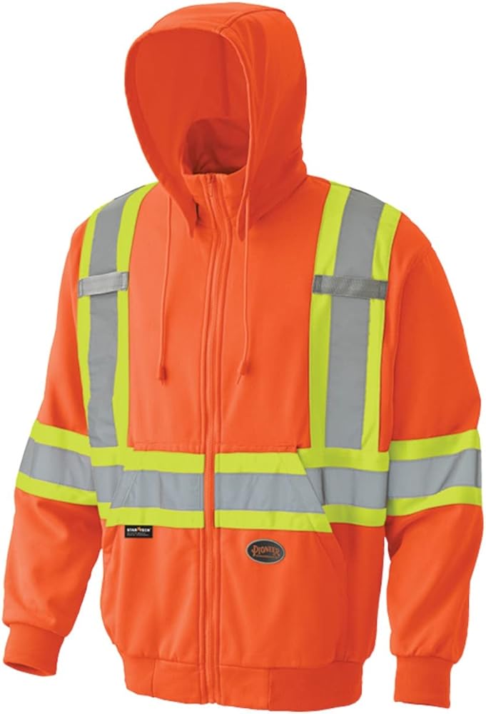 先锋高可视安全橘色连帽卫衣 - 反光条设计 - 可拆卸帽子 - 2级安全等级